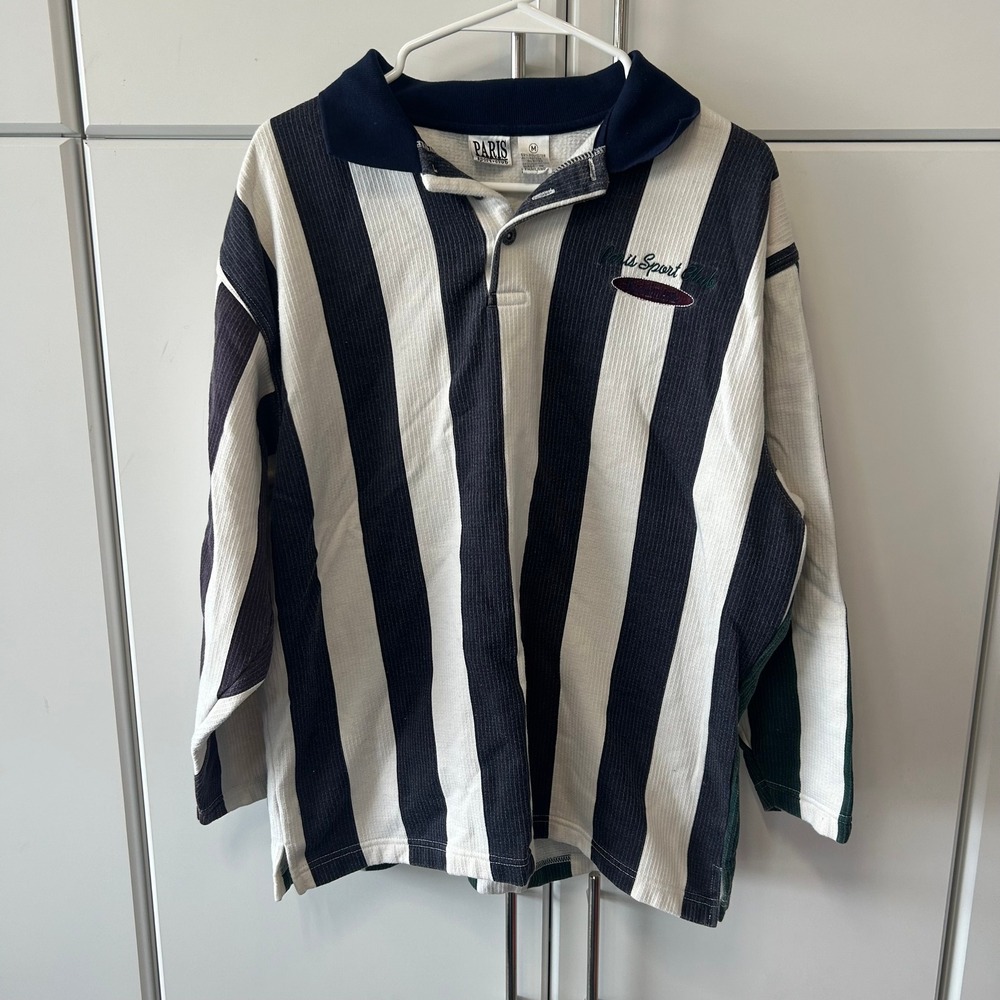 Paris Sport Club Vintage Striped Rugby Shirt Navy Green White Mens‎ Medium M